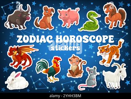 Zeichentrick-Sternzeichen-Horoskop-Tiere-Aufkleber-Pack. Vektor chinesisches Neujahrshoroskop Zeichen. Drache, Schlange, Pferd und Kaninchen, Ziege, Tiger, Aufkleber für Hunde und Affen, Ratten, Schweine, Ochsen und Hahn Stock Vektor