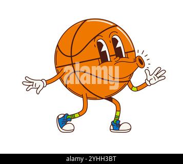 Groovige Basketballfigur im Retro-Cartoon mit lustigem Gesicht, Vektor-Comic-Sport-Emoji. Grooviger Basketballball pfeift in albernen guten Vibes für psychedelische Sportcharaktere in Retro-Cartoon Stock Vektor