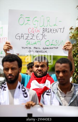 Gaziantep, Turkiye. Mai 2024. Universitätsstudenten in Gaziantep halten eine Solidaritätsdemonstration mit Palästinensern in Gaza ab und verurteilen gleichzeitig die laufende israelische Militäroffensive in der Küstenenklave. Die Teilnehmer schwenkten die palästinensische Flagge, warfen Banner, die westliche Unternehmen, die Israel unterstützen, verurteilten, und zeigten auch Unterstützung für pro-palästinensische Demonstranten auf College-Campus in den Vereinigten Staaten. Umhüllte Babymodelle wurden mit Blumen auf den Boden gelegt, um die große Zahl der in Gaza getöteten Kinder zu betrauern Stockfoto