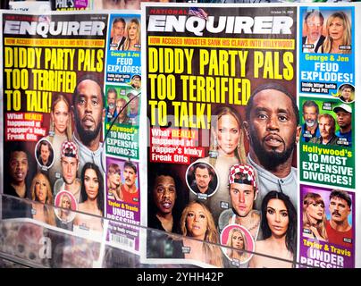 P Diddy, alias Sean Combs, Puff Daddy oder Diddy, auf dem Titelblatt der Zeitung National Enquirer. Der amerikanische Rapper, der mit Grammy ausgezeichnet wurde, ist ein berühmter Musikmogul. Stockfoto