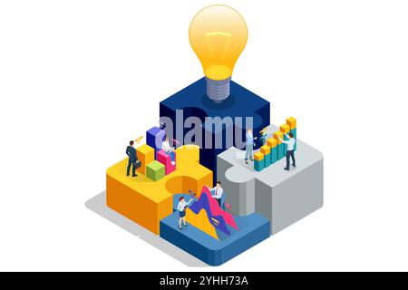 Isometrisches Business Puzzle. Teamarbeit und Partnerschaft. Geschäftsleute schließen sich Puzzleteile an. Geschäfte machen. Menschen verbinden Puzzleelemente Stock Vektor