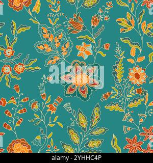 Buntes Blumenmuster In Botanischem Petrol Stock Vektor