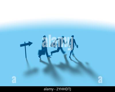 Drei Geschäftsleute folgen den Anweisungen mit Pfeilen Stockfoto