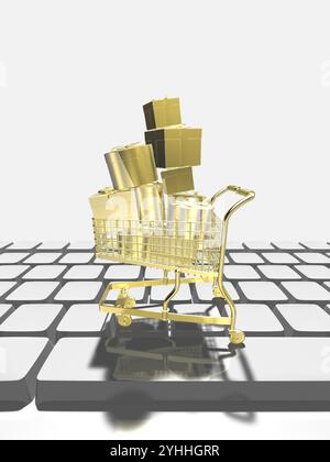Tastaturen und goldene Einkaufswagen mit Geschenkartikeln Stockfoto