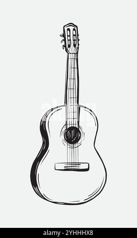 Akustische Gitarrenvektor-Illustration im Doodle-Stil. Skizze eines klassischen spanischen Musikinstruments. Handzeichnung Zeichnen Sie eine 6-saitige Gitarre. Färbung für Stock Vektor