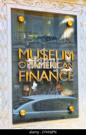 New York, USA - September 04,2017: Typenschild - Museum der amerikanischen Finanzwelt in New York City. USA. Stockfoto