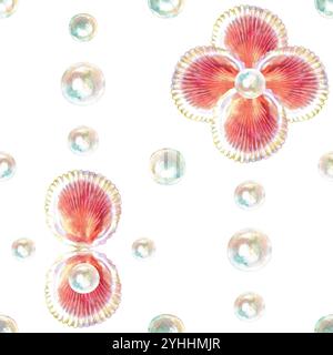 Muster von Jakobsmuscheln, Muscheln, geriffelte Muscheln mit Perlen in Aquarellfarbe. Rote Jakobsmuschel, Calico Jakobsmuschel, Argopecten Gibbus. Die Seite dieser Hülle Stockfoto