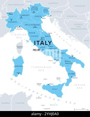 Die zwanzig Regionen Italiens, ein Land in Europa, politische Landkarte. Verwaltungsabteilungen erster Ebene der Italienischen Republik. Stockfoto