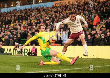 Haydon Roberts aus Bristol City und Jacob Lungi Sorensen aus Norwich City - Norwich City gegen Bristol City, Sky Bet Championship, Carrow Road, Norwich, Großbritannien - 9. November 2024 nur redaktionelle Verwendung - es gelten Einschränkungen bei DataCo Stockfoto