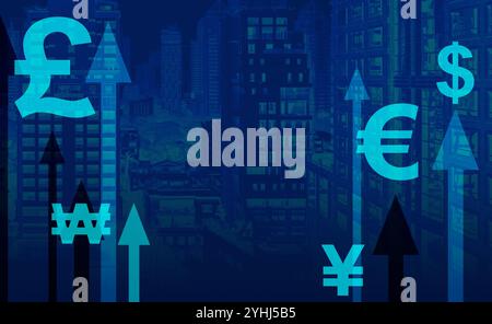 Verschiedene Währungssymbole und Wachstumspfeil überlagern sich auf blauem Hintergrund. Business Finance Technologie und Investitionskonzept auf Wolkenkratzerstadt am Nig Stockfoto