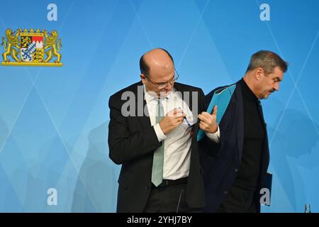 v.re:Markus SOEDER Ministerpraesident Bayern und CSU Vorsitzender, Albert FUERACKER CSU, Finanz- und Heimatminister. Pressekonferenz der Bayerischen Staatsregierung nach Klausurtagung zum Schwerpunkt Nachtragshaushalt 2025 am 12.11.2024 im Prinz Carl Palais in München. *** V re Markus SOEDER Ministerpräsident von Bayern und CSU-Vorsitzender Albert FUERACKER CSU, Minister für Finanzen und Inneres Pressekonferenz der Bayerischen Landesregierung nach der geschlossenen Sitzung zum Nachtragshaushaltsplan 2025 am 12. 11 2024 im Prinz Carl Palais in München Stockfoto