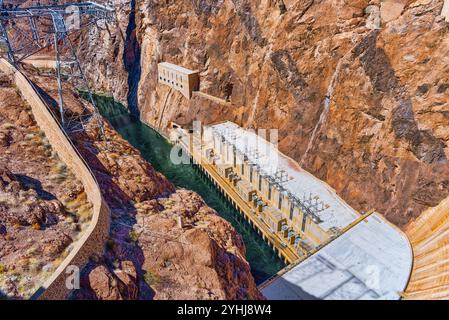 Berühmte und erstaunliche Hoover Dam am Lake Mead, Nevada und Arizona Grenze, USA. Stockfoto