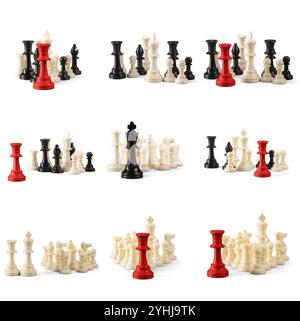 Schwarz-weiße Schachfiguren isoliert Stockfoto