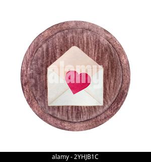Ein offener Umschlag mit einem roten Herzen auf einem Holztablett Aquarellrahmen isoliert auf weiß. Handgezeichnete Kunst. Einfache Stildarstellung für stationäre Zwecke Stockfoto