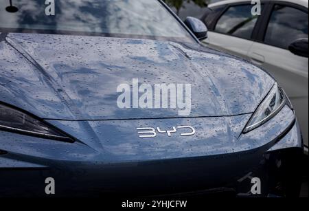 Minsk, Weißrussland, 12. November 2024 - Nahaufnahme des Logos BYD auf dem Auto nach Regen Stockfoto