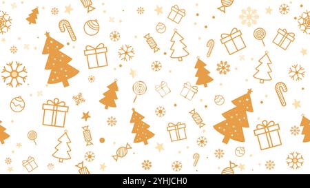 Goldener Weihnachtsbaum und nahtloses Schneeflockenmuster für Weihnachten und Neujahr. Textur Kleidung Schal Dekoration Stock Vektor
