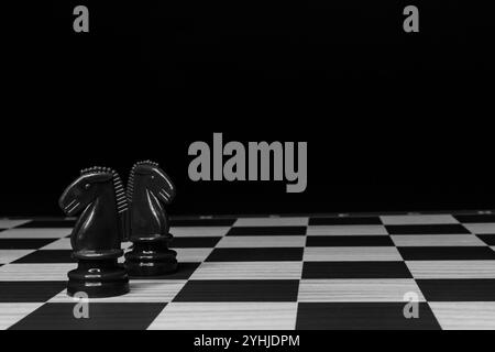 Zwei schwarze Ritter-Schachfiguren auf der linken Seite des Schachbretts mit schwarzem Hintergrund, internationaler Schachtag, Strategiekonzept Stockfoto