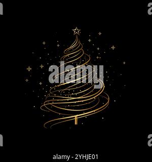 Minimalist Christmas tree made of swirling golden lines on black background, vector illustration Stock Vektor