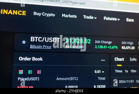 Firenze, Italien 11. November 2024: Kryptowährungshandelsplattform binance zeigt steigende Bitcoin-Preise, was auf Marktoptimismus und potenzielle Inv Stockfoto