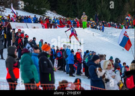 OSRBLIE, SLOWAKEI, 24. JANUAR 2024: Biathlon-Frauen-Rennen. Die Zuschauer unterstützen Athleten beim Wintersport der olympischen spiele. Stockfoto