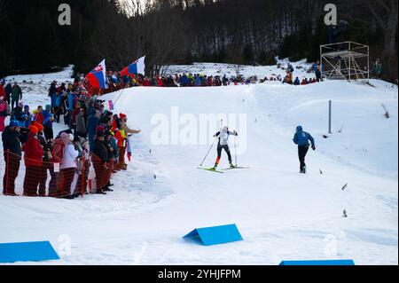 OSRBLIE, SLOWAKEI, 24. JANUAR 2024: Biathlon-Frauen-Rennen. Die Zuschauer unterstützen Athleten beim Wintersport der olympischen spiele. Stockfoto