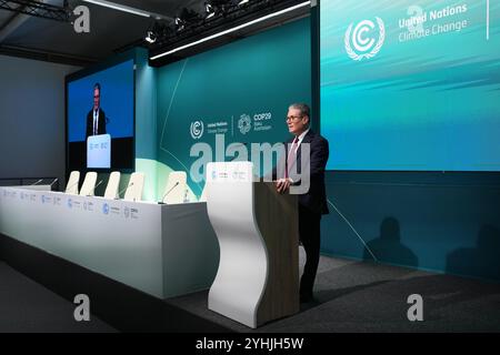 Premierminister Sir Keir Starmer spricht am zweiten Tag des Cop29-Klimagipfels in Baku, Aserbaidschan. Bilddatum: Dienstag, 12. November 2024. Stockfoto