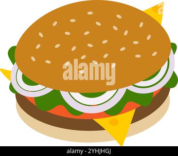 Hamburger mit Käse, Fleisch, Salat, Tomatenscheiben und Zwiebeln. Design-Element für Fast Food oder Hamburger Day. Isolierte Vektor-Illustration Aufkleber, Symbole oder Karten, Poster, Broschüren, Etikett, Tags, Medienbeiträge Stock Vektor