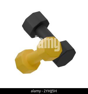 3D-Symbole mit gelben und schwarzen Kurzhanteln, isoliert auf weißem Hintergrund. Minimales Fitness-Objekt. 3D-Rendering. Geeignet für Fitnessstudio, Workout und Gesundheit Stock Vektor