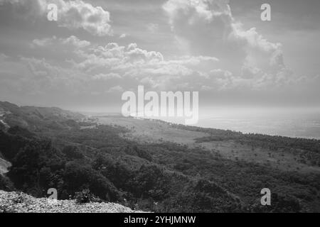 Eine atemberaubende Küstenlandschaft erstreckt sich zum Horizont hin, mit dramatischen Wolken, die Schatten über das üppige Gelände werfen. Die Monochrom-Palette hig Stockfoto