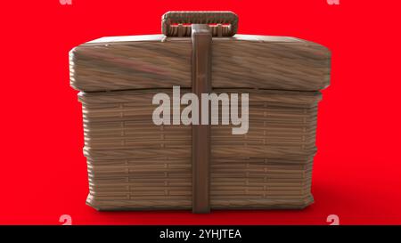 Holzkiste mit Ledergürtel mit rotem Hintergrund Stockfoto