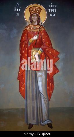 Ikone der Heiligen Katharina von Alexandria, Märtyrerin und Prinzessin aus dem 4. Jahrhundert in Panagia Faneromeni Griechisch-orthodoxe Kirche Vouliagmeni Athen Griechenland Stockfoto