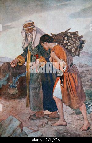 Illustration von Abraham mit Isaak, der den Wald für sein Opfer auf den Berg Moriah trug (Genesis) aus dem Antique Children's Book Boys of the Bible von E Stockfoto