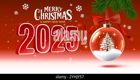 Heirat Weihnachten 2025, frohes neues Jahr, goldene Zahlen 3d, Geschenke und Spielzeug in der Nähe des Baumes. Stock Vektor