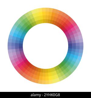 Eine leuchtende, kreisförmige Farbpalette mit einem glatten Farbverlauf in Regenbogentönen. Diese Vektorillustration ist ideal für Grafikdesign, Kunstprojekte oder Studien zur Farbtheorie und betont die Farbvielfalt. Stock Vektor
