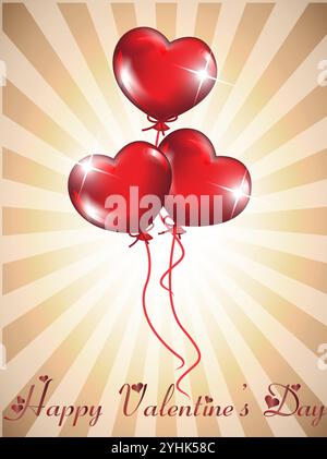 Poster mit drei roten Ballons und den Worten Happy Valentine's Day. Die Ballons sind zusammengebunden und schweben in der Luft. Alles Gute zum Valentinstag mit Stock Vektor