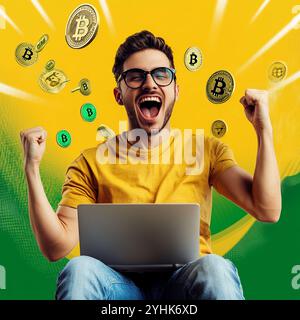 Glücklicher Mann vor dem Laptop. Gewinnkonzept für Kryptowährungen. Stockfoto