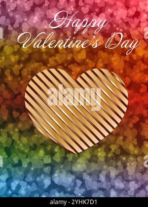 Das farbenfrohe Herz mit einem Band um das Bild ist der Hauptfokus. Das Herz ist von einem Regenbogen aus Farben umgeben, der den Eindruck einer Vibr erweckt Stock Vektor