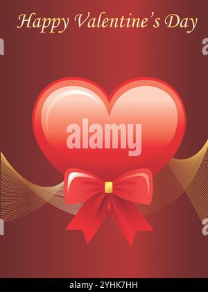 Das Herz mit einer roten Schleife wird auf einem roten Hintergrund platziert. Das Herz ist von einem roten Band umgeben und das Bild trägt den Titel „Happy Valentine's Day“. Happy V Stock Vektor
