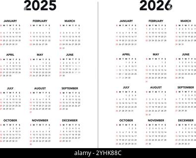 Kalender 2025 und 2026 Vektorvorlagen starten Sonntag einfaches Design Stock Vektor