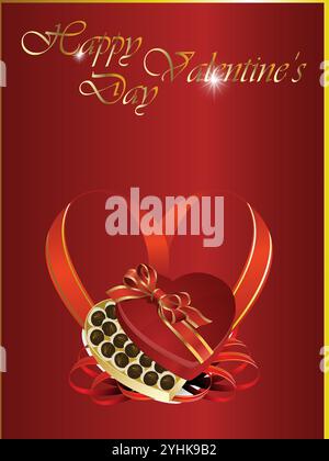 Rote Valentinskarte mit Herz und Schokoladenbox. Die Karte ist mit Gold- und roten Farben verziert. Happy Valentine Day mit Happy Romance Dati Stock Vektor