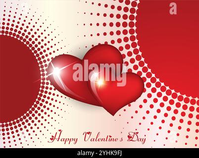 Rotes Herz mit weißem Hintergrund, darunter steht Happy Valentine's Day. Das Herz ist von einem Kreis von Punkten umgeben. Alles Gute Zum Valentinstag Stock Vektor