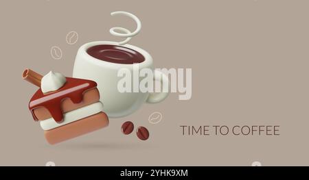 Banner für 3D-Kaffeepausen mit einer Tasse schwarzen Kaffee und Schokoladenkuchen. Weiße Tasse mit heißem Tee Kuchen Stück dreidimensionale Vektor Café Hintergrund Design. Stock Vektor