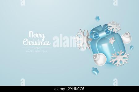 Frohe Weihnachten und frohe Neujahrsgeschichte. Weihnachtsbaum, Geschenkboxen, Weihnachtskugeln. Weihnachtselement für Web, Banner, Grußkarte, templat Stock Vektor