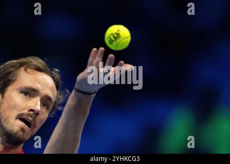 Turin, Italien. November 2024. Daniil Medwedev ist der Australier Alex de Minaur beim Tennis-Einzelspiel der ATP World Tour Finals in der Inalpi Arena in Turin, Italien - Sport - Dienstag, den 12. November 2024. (Foto: Marco Alpozzi/Lapresse) Credit: LaPresse/Alamy Live News Stockfoto