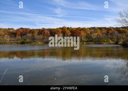 Das ruhige Wasser spiegelt die leuchtenden Farben der herbstlichen Bäume am Ufer wider, während sich ein klarer blauer Himmel darüber erstreckt. Die Mischung aus Rot, Orange, Gelb und Stockfoto