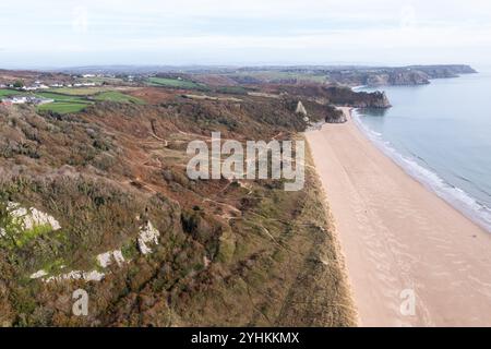 Luftaufnahme von Nicholaston Woods, Burrows und Owich Beach, Gower, Wales, Großbritannien Stockfoto