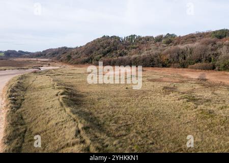 Luftaufnahme von Nicholaston Woods, Burrows und Oxwich Marsh, Gower, Wales, Großbritannien Stockfoto