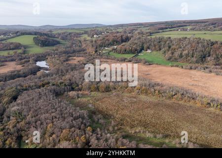 Luftaufnahme von Nicholaston Woods, Burrows und Oxwich Marsh, Gower, Wales, Großbritannien Stockfoto