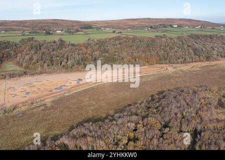 Luftaufnahme von Nicholaston Woods, Burrows und Oxwich Marsh, Gower, Wales, Großbritannien Stockfoto