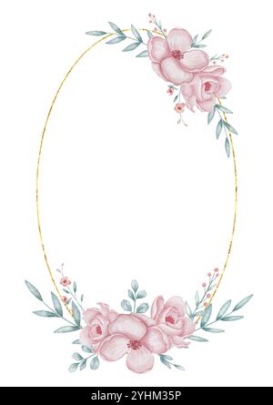 Blumenkranz mit pastellrosa Blumen und grünen Blättern für Hochzeitsgrußkarten oder Babyeinladungen. Aquarellabbildung für Postkartenvorlage. Zeichnung eines kreisförmigen Rahmens auf isoliertem Hintergrund Stockfoto